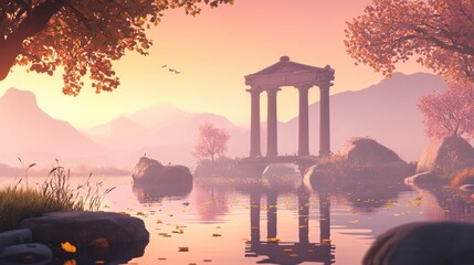 Autumnal temple lake sunset landscape, serene nature scene