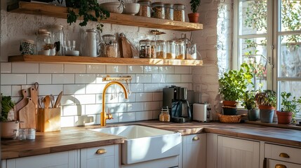 Bright and Cozy Kitchen with Open Shelves and Natural Light