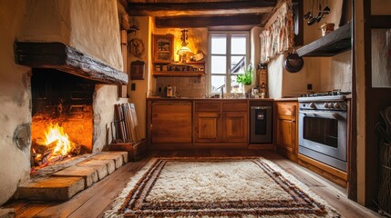 Cozy Rustic Kitchen with Fireplace and Wooden Cabinets Interior Design
