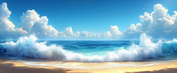 Blue Ocean Waves Crashing on Sandy Beach Under a Sunny Sky