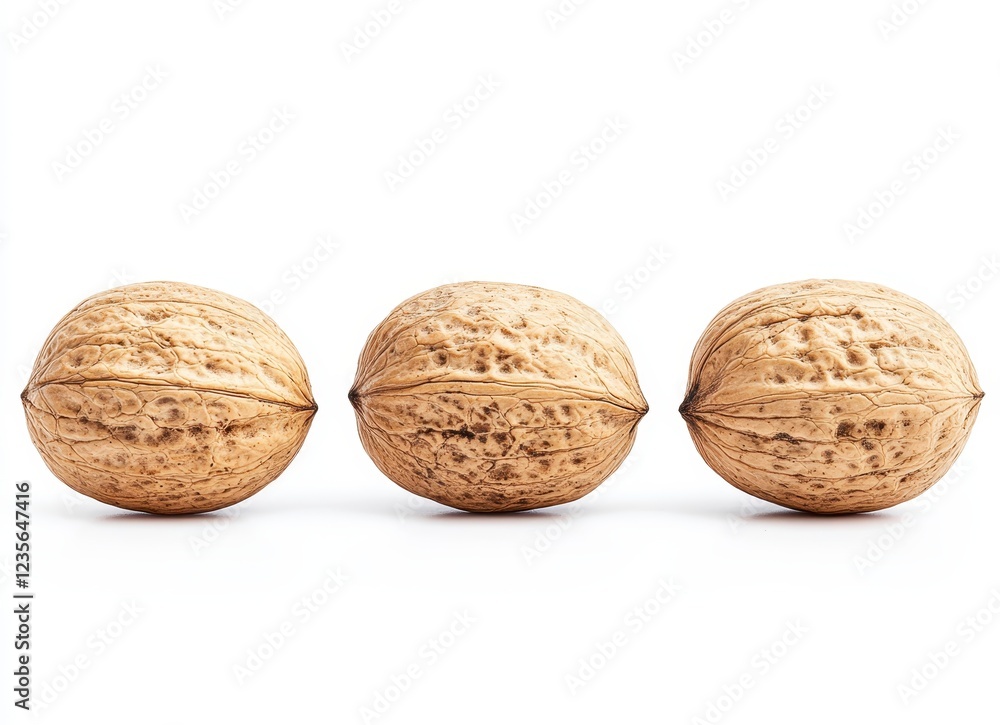 Poster three walnuts arranged in a row against a white background. the walnuts are in focus and exhibit the