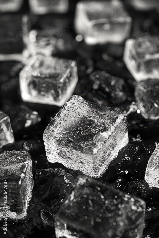 Poster close up view of several translucent ice cubes on a dark surface. the ice cubes are various sizes an