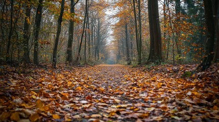 Tranquil Autumn Path Through a Forest Blanketed in Fallen Leaves