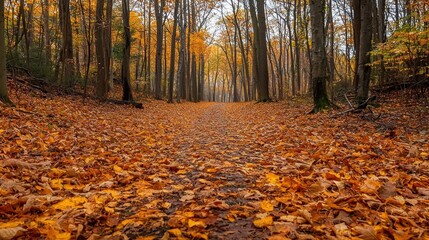 Obraz premium Serene Autumn Pathway Through Colorful Forest with Fallen Leaves