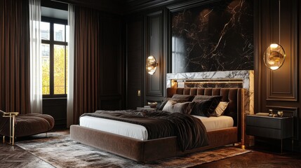 Luxurious Modern Bedroom Interior with Dark Color Scheme and Elegance