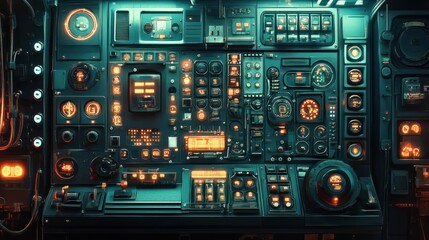 Fototapeta premium A complex control panel featuring various buttons, dials, and screens, likely for machinery.