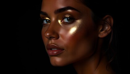 Fototapeta premium brown latina girl on black background, gold makeup, gold flakes, full lips brown, model, gold eyeshadow, gold brush strokes