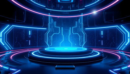 Futuristic neon tunnel, holographic "LUNURY" text, blue and pink light streaks, sci-fi corridor, glowing pillars, high-tech architecture, cyberpunk aesthetics, dynamic perspective, digital art style, 