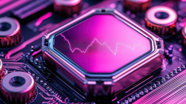 Pink Computer Chip Displays a Decreasing Stock Market Graph High Tech Finance Concept Image