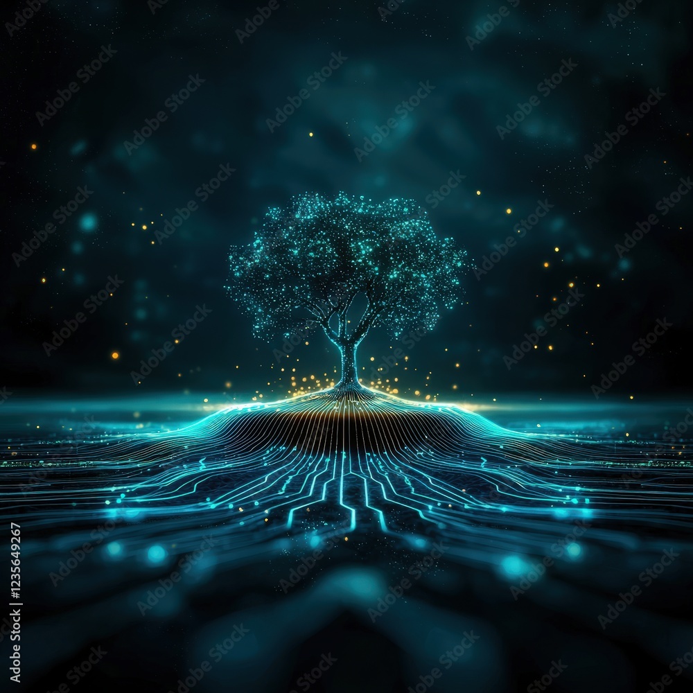 Poster digital tree with circuit board and glowing lights