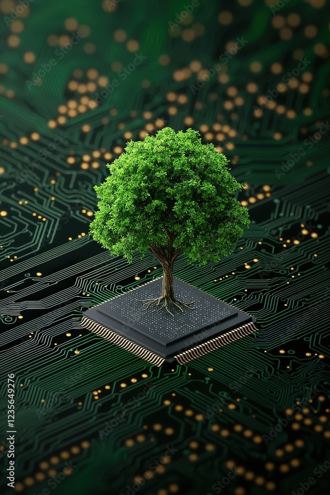 Poster tree on microchip representing nature and technology