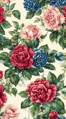 Floral pattern with pink, red, and blue roses on a cream background. Lush green foliage and varying rose shades create a vibrant, romantic textile