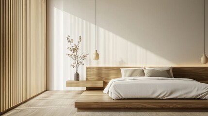 Modern Minimalist Bedroom with Natural Light and Wooden Elements
