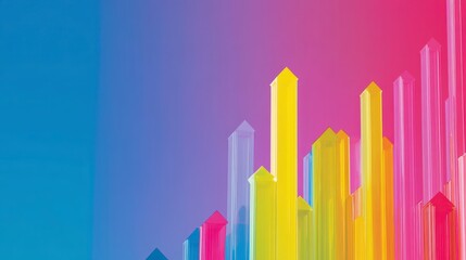 Abstract cityscape illustration with vibrant rainbow colored glass skyscrapers on a gradient blue pink background. The image evokes a sense of growth