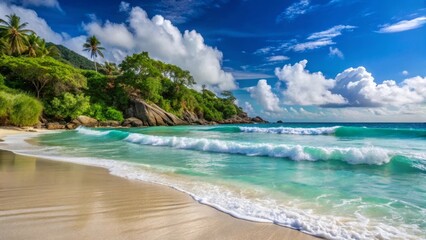 Fototapeta premium Serene Coastal Paradise Turquoise Waters Crashing Gently on a Pristine Sandy Beach, Backdropped by Lush Tropical Vegetation and a Dramatic Sky