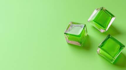 Obraz premium Three Green Glass Cubes on Lime Green Background Minimalist Product