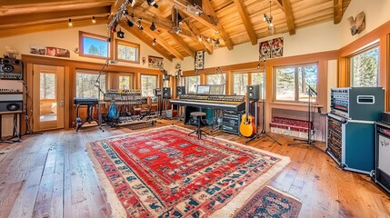 Obraz premium Mountain cabin music studio recording session