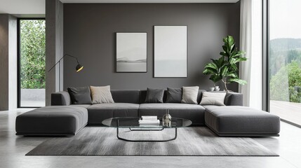 Modern Minimalist Living Room with Grey Sofa and Natural Light