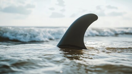 Fototapeta premium Shark Fin Emerging from Crystal Clear Ocean Water at Sunrise