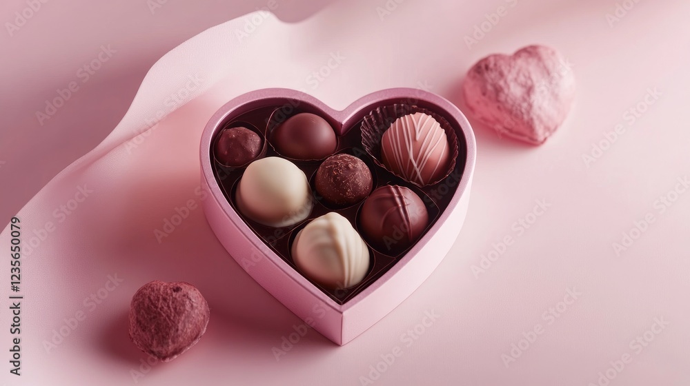 Poster a beautiful heart-shaped box of chocolates, filled with truffles and pralines, set against a soft pi