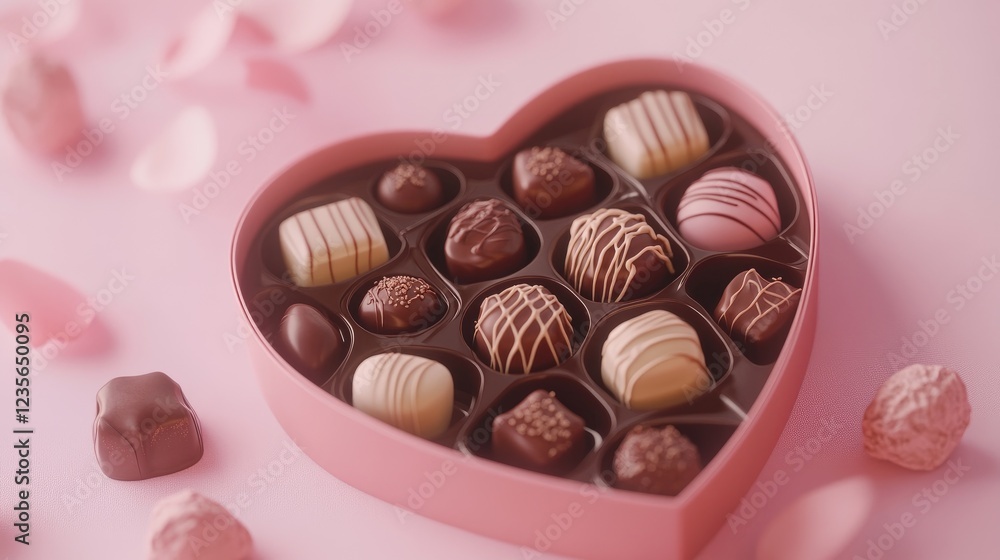 Poster a beautiful heart-shaped box of chocolates, filled with truffles and pralines, set against a soft pi