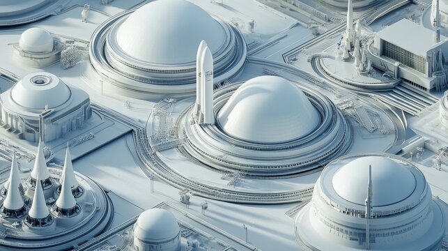 Futuristic cityscape featuring sleek domes and a rocket amidst advanced architecture and technology