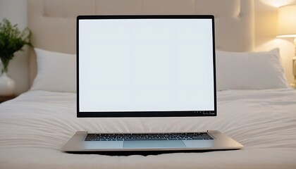 Fototapeta premium laptop mock-up with bead room,Mockup of laptop on a gym bench,Romania,laptop mock-up with bead room ,no people, color image, computer, technology, apartment,86