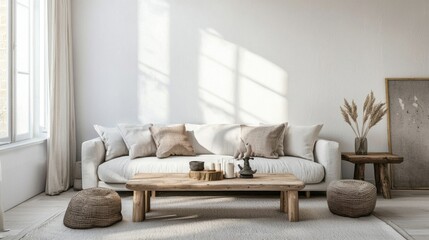Cozy Minimalist Living Room with Natural Elements and Soft Textures