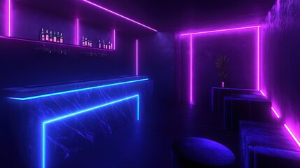 Fototapeta premium Neon-lit bar interior, purple and blue, empty, stylish lounge
