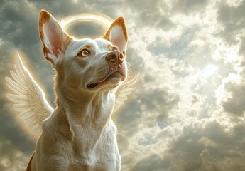 A heartwarming image of a white dog with angel wings and halo, set against a dramatic cloudy sky. The dog looks upward with a serene expression