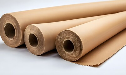 Three kraft paper rolls on white background; packaging, shipping, industrial material
