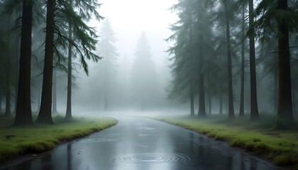 Obraz premium A remote misty forest background with a perspective of green foliage disappearing into atmospheric fog creating a moody and vast landscape