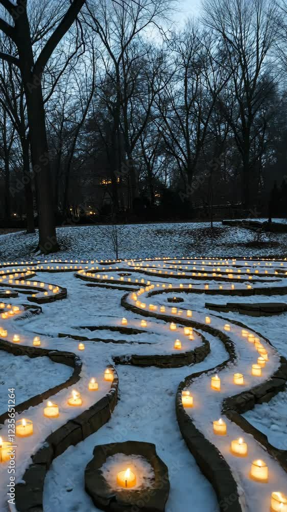 Poster Illuminated path winding through snowy labyrinth during twilight with glowing candles and bare trees