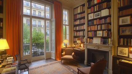 Parisian Apartment Library, Bookshelf, French Window, City View, Reading Room