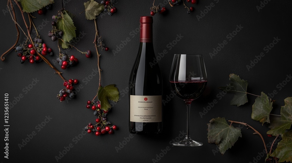 Poster a bottle of red wine with a filled glass, placed on a black background, capturing the elegance of wi