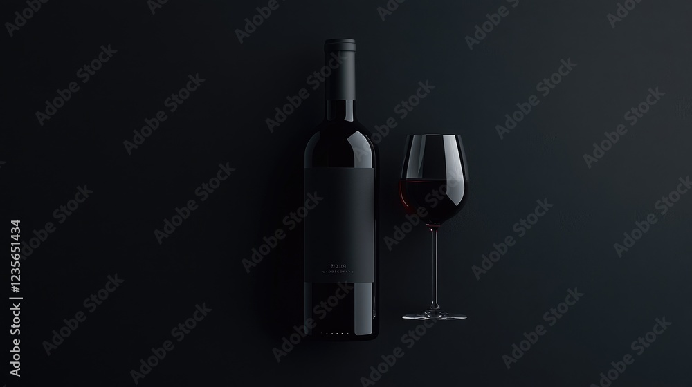 Poster a bottle of red wine with a filled glass, placed on a black background, capturing the elegance of wi