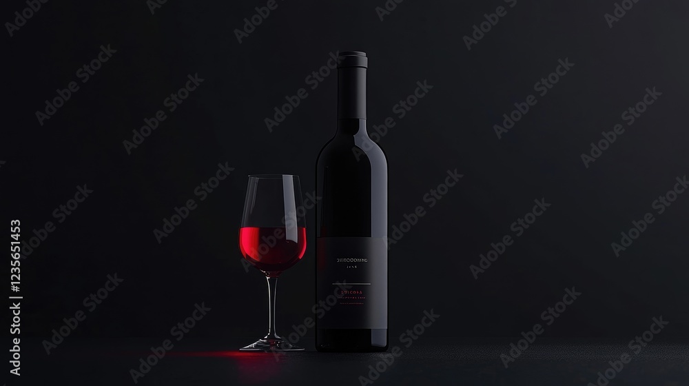 Poster a bottle of red wine with a filled glass, placed on a black background, capturing the elegance of wi