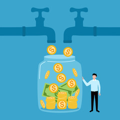 Money from tap passive income concept vector illustration.