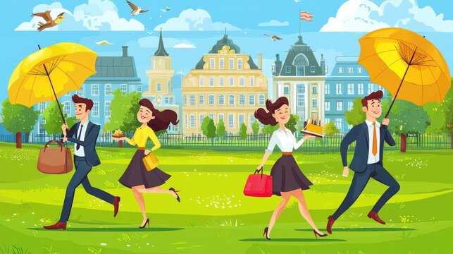 Business people park stroll, sunny day, city background, lunch break