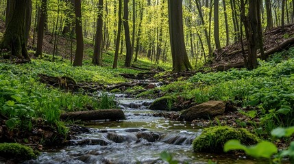 Tranquil Forest Stream with Fresh Green Foliage in Springtime