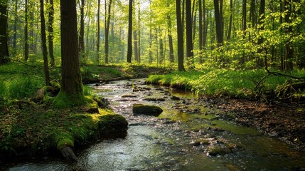 Obraz premium Serene Forest Stream Flowing Through Lush Green Woodland Area