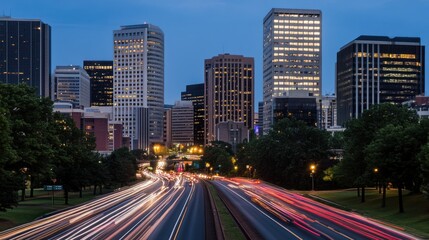 Fototapeta premium City skyline at dusk with highway traffic light trails.