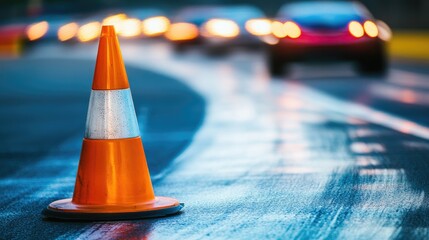 A brightly colored traffic cone on the racetrack, with high-speed cars blurred in the background, creating a sense of racing excitement