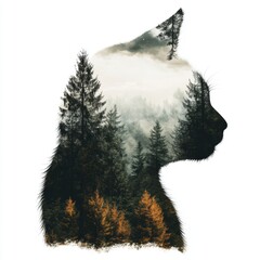 Silhouette of a cat with forest landscape.