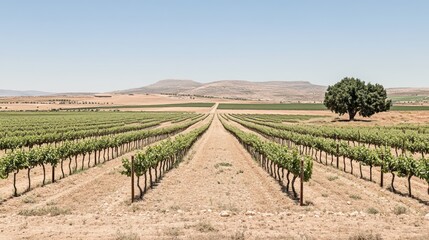 Naklejka premium Vineyard rows leading to a lone tree under a clear sky.