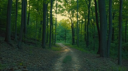Fototapeta premium Sunlit path through lush green forest.