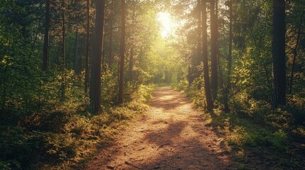 Obraz premium Serene Sunlit Path Through Lush Green Forest With Gentle Warm Light