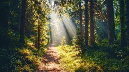 Naklejka premium Sunlight Streaming Through Trees in a Peaceful Forest Pathway