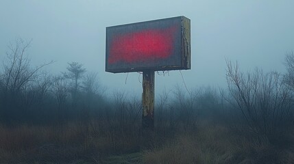 Red sign, foggy field, abandoned, sunrise, dystopian