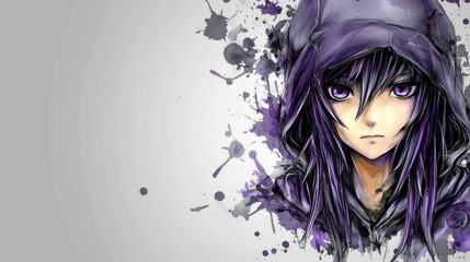 Anime girl, purple hoodie, serious expression, abstract background, digital art